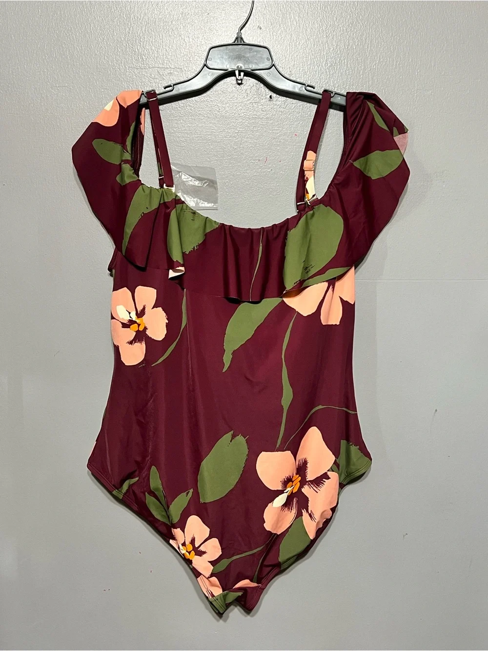 EVRI Floral Strappy Off-the-Shoulder Ruffled One Piece Swimsuit 3X Burgundy Plus